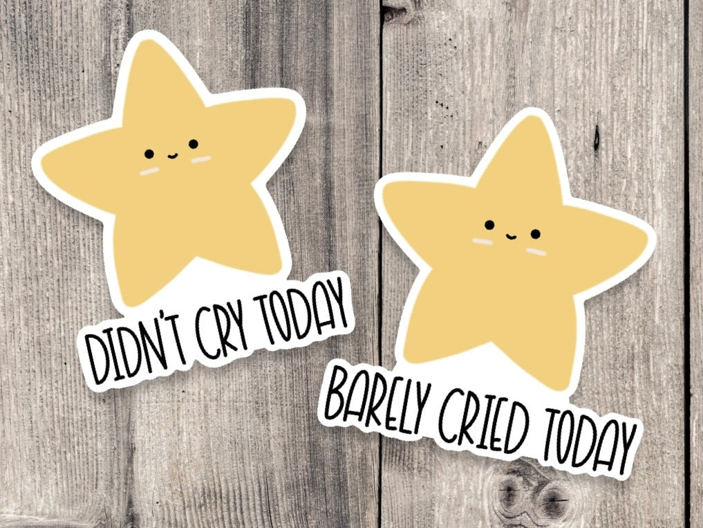 Barely cried today, didn’t cry today sticker, gold star, water bottle sticker, mental health, positive quote, funny sticker