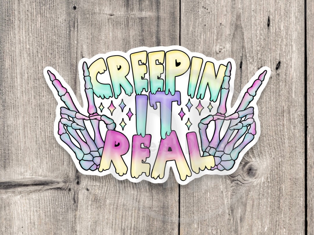 Creepin it real sticker, watercolor stickers, water bottle sticker, Halloween lover, cute spooky sticker, skeleton peace sign