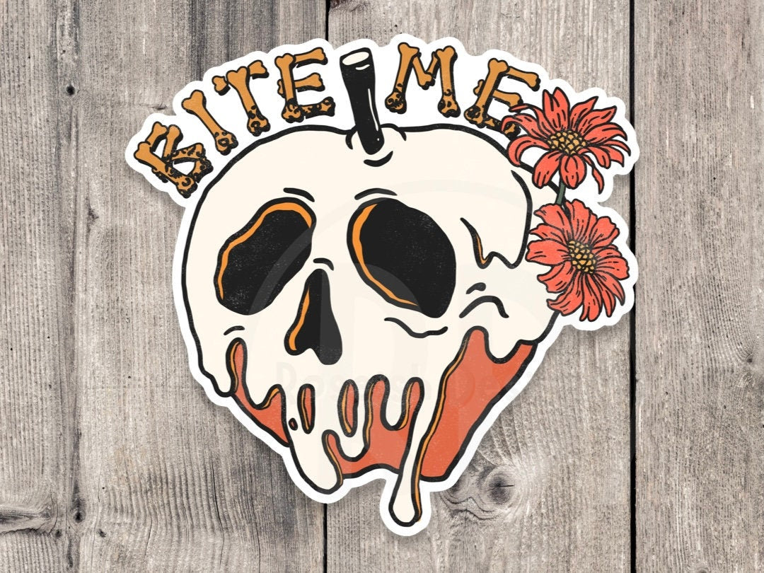 Bite me sticker, funny Halloween stickers, goth gift, spooky, cute skull, water bottle sticker, laptop sticker