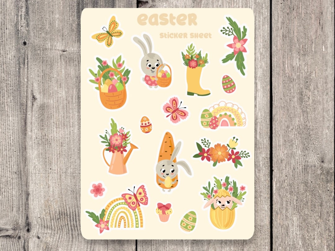 Cute Easter Sticker Sheet, journaling stickers, mini planner stickers, Easter bunny, scrapbooking, bullet journals, spring flowers
