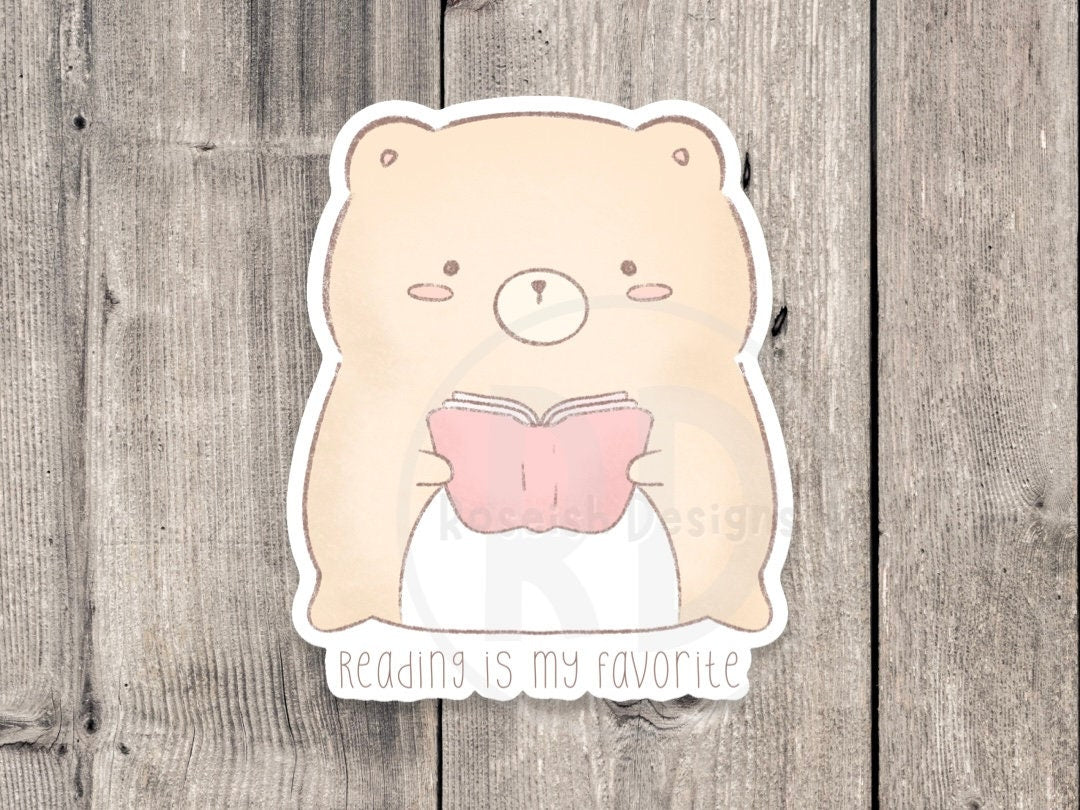 Reading is my favorite, kawaii bear sticker, book lover gift, water bottle sticker, laptop sticker, bookworm, cute animal sticker