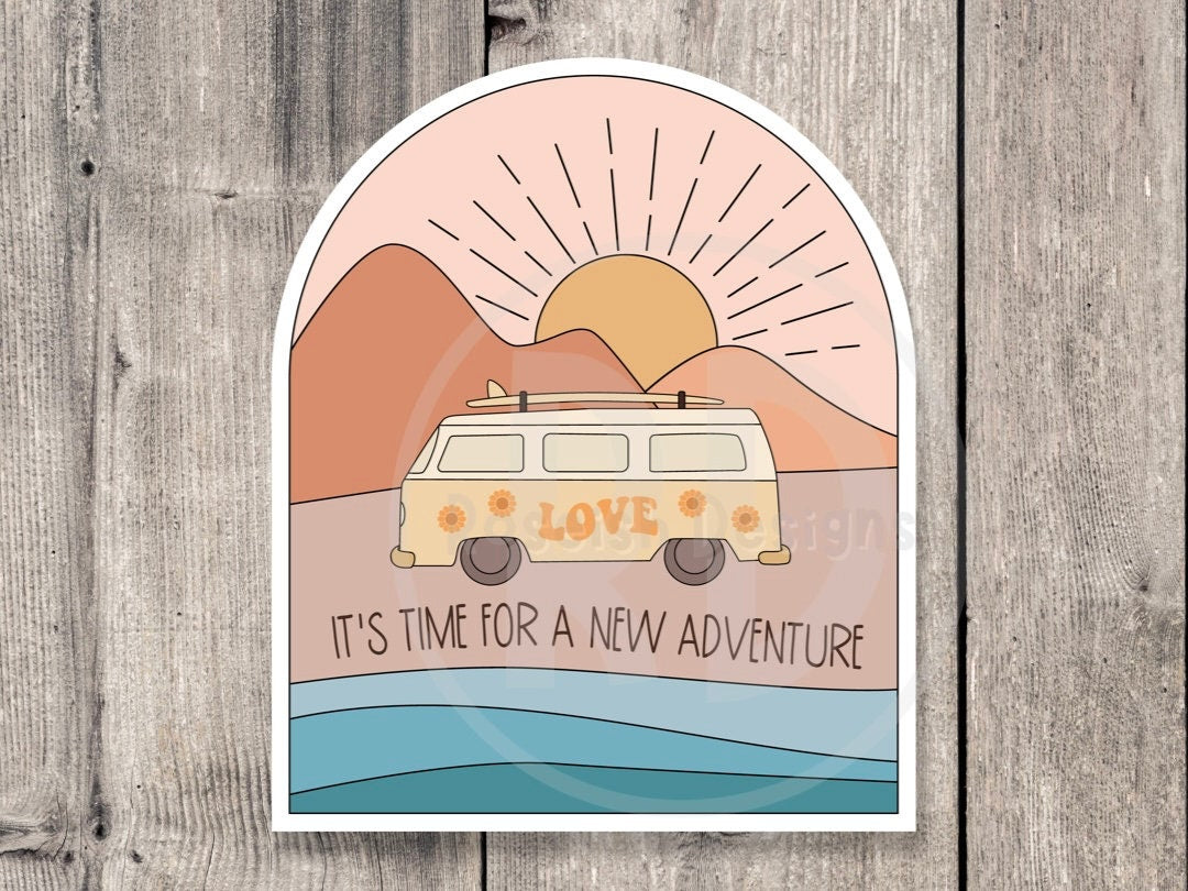 Adventure sticker, it’s time for a new adventure, outdoorsy gifts, hiking stickers, camping life, travel stickers, water bottle stickers