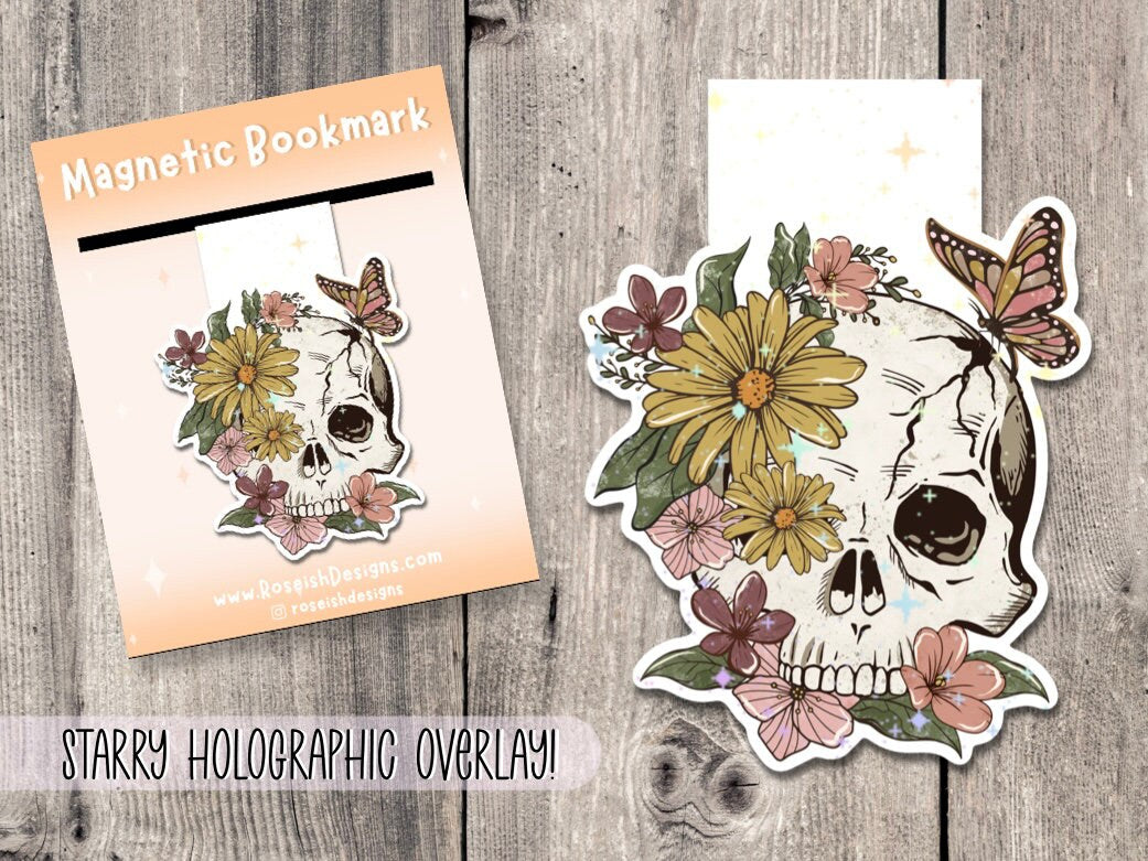 Floral skull magnetic bookmark, book lover gift, goth, bookish, cute bookmark magnet, book accessories
