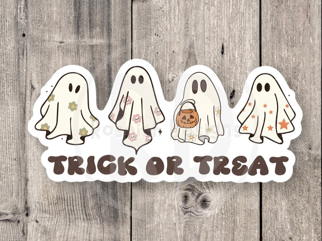 Cute Halloween water bottle sticker, laptop sticker, Halloween lover gift, spooky season, ghosts, retro, hippie halloween, trick or treat