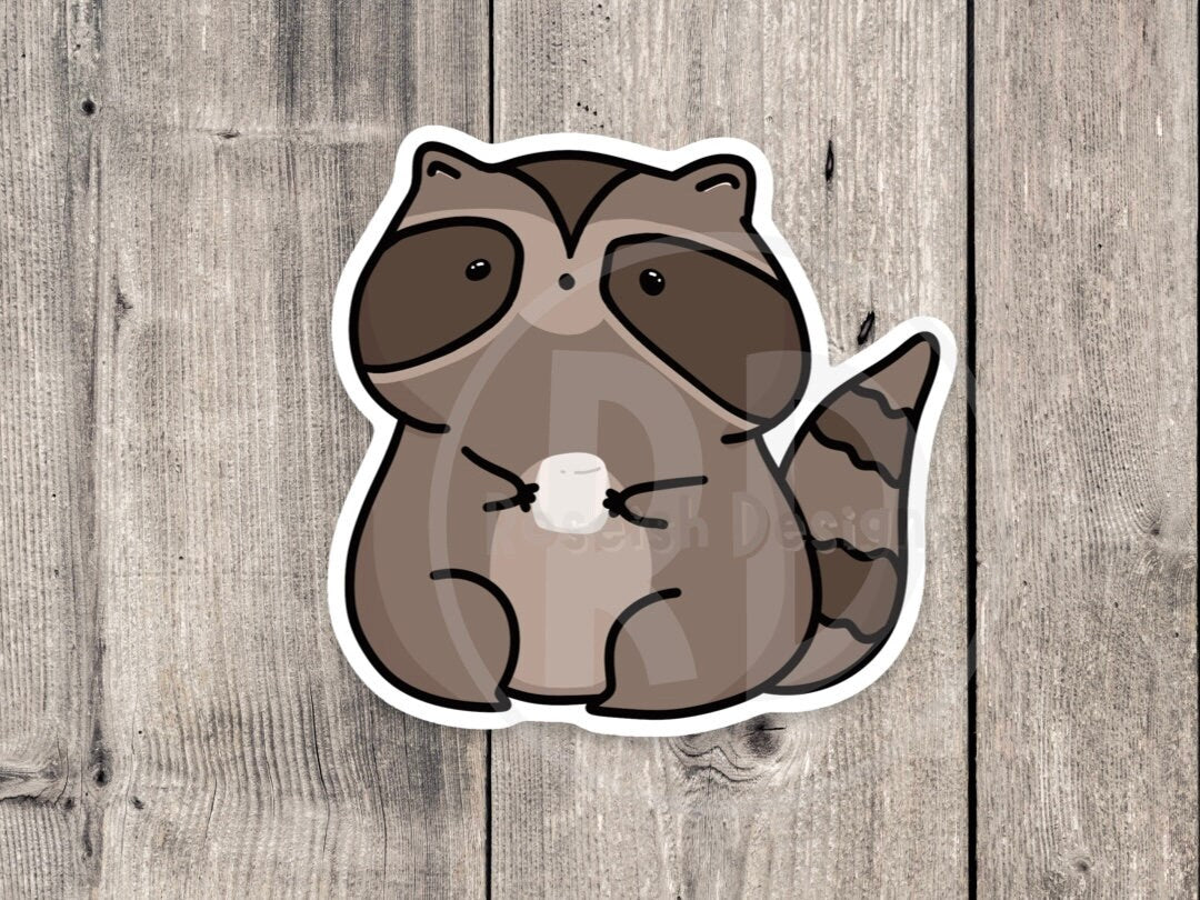 Funny raccoon sticker, raccoon with marshmallows, trash panda, funny animal stickers, water bottle stickers, laptop stickers, cute kawaii