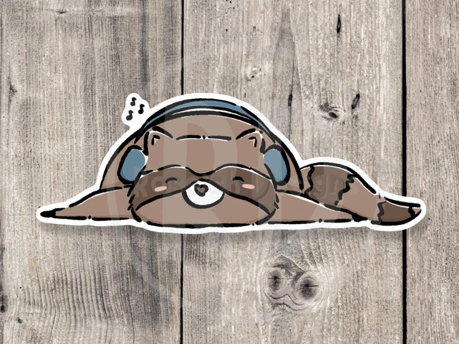 Cute raccoon water bottle sticker, laptop sticker, raccoon lover gift, animal stickers, trash panda, raccoon with headphones, music