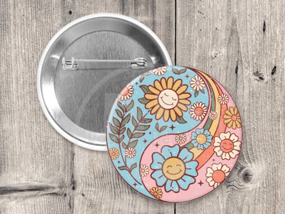 Retro 70s Peace Button - Groovy Hippie Pin with Metal Backing