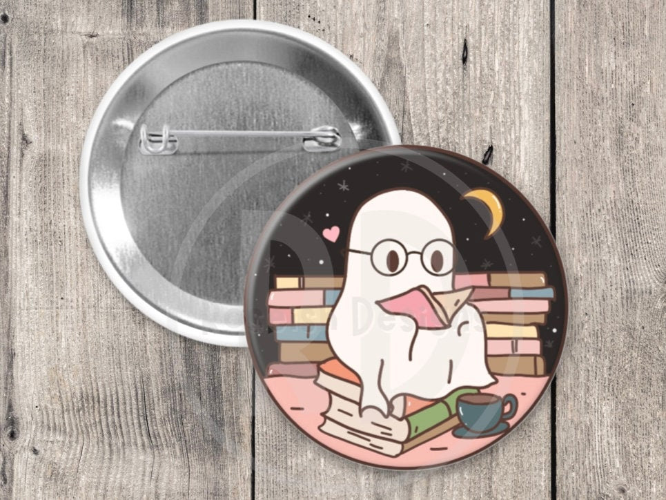 Bookworm Ghost Pinback Button - Spooky Halloween Gift for Book Lovers