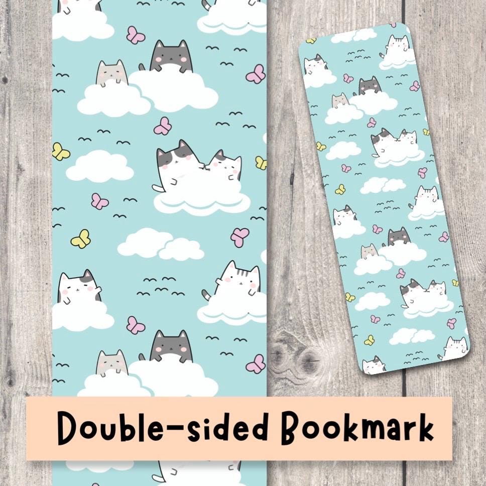 Cute Cat Double Sided Bookmark, book lover gift, laminated bookmark, bookworm, reading gifts, kawaii kitty in clouds, cat lover