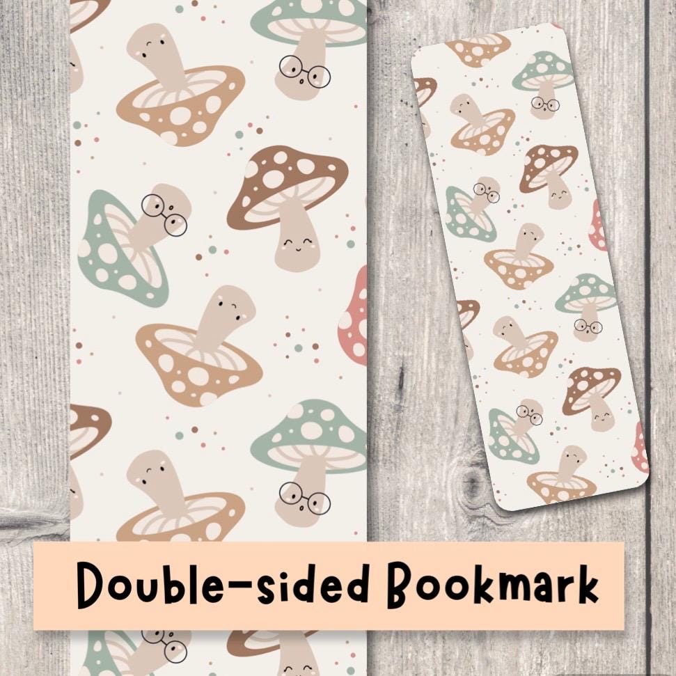 Cute Mushrooms Double Sided Bookmark, book lover gift, laminated bookmark, bookworm, reading gifts, neutral colors, nature theme