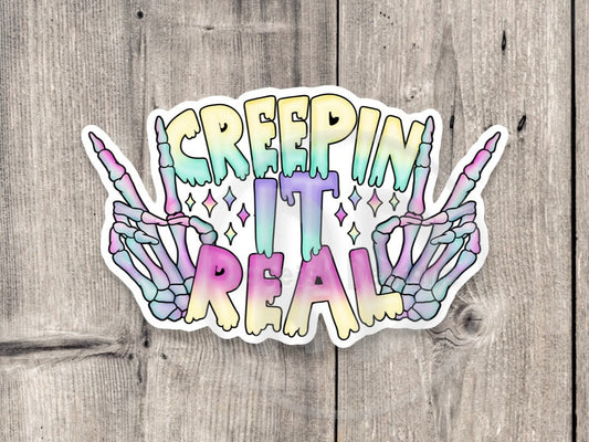Creepin it real sticker, watercolor stickers, water bottle sticker, Halloween lover, cute spooky sticker, skeleton peace sign