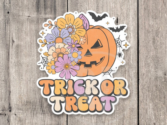 Retro trick or treat sticker, floral pumpkin, Halloween stickers, cute spooky gifts, water bottle stickers, Halloween lover