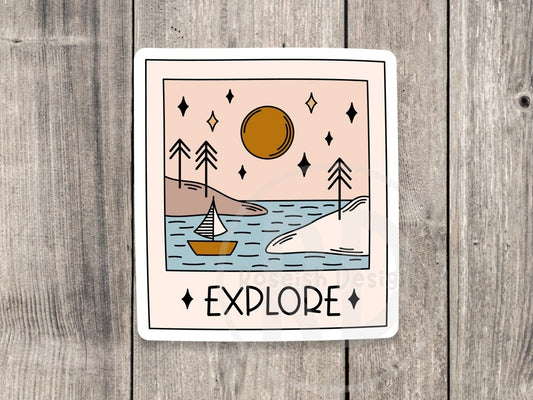 Explore sticker, Adventure sticker, Polaroid, outdoorsy gifts, hiking stickers, camping life, travel stickers, water bottle stickers