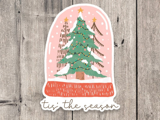 Tis the season sticker, Christmas snow globe, holiday water bottle sticker