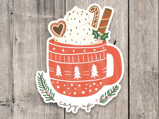 Cozy up sticker, cute holiday stickers, Christmas mug, water bottle sticker, laptop sticker