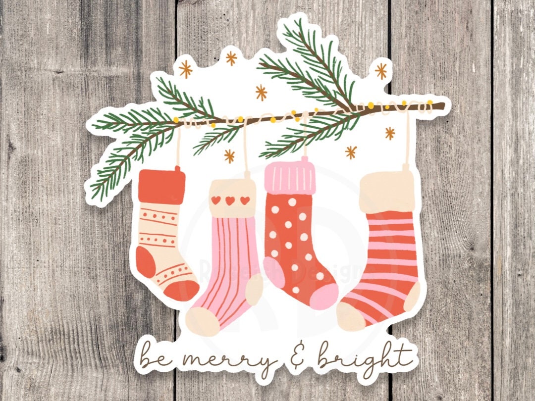 Cute Christmas stickers, holiday stockings, be merry and bright, water bottle sticker, laptop stickers, winter