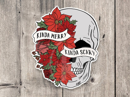 Kinda merry kinda scary sticker, Christmas stickers for water bottle, Christmas skull, goth, stocking stuffer, Christmas quotes