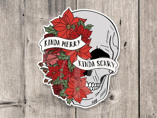 Kinda merry kinda scary sticker, Christmas stickers for water bottle, Christmas skull, goth, stocking stuffer, Christmas quotes