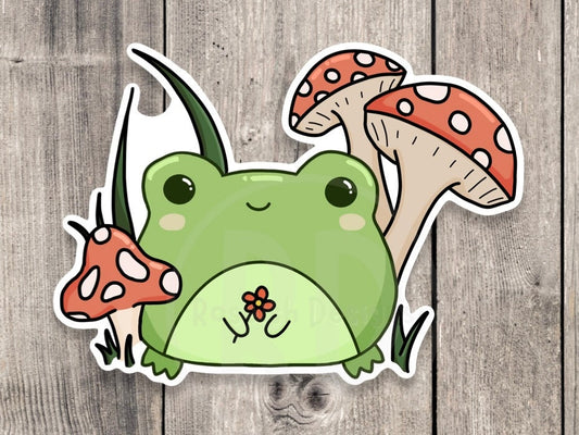 Cute frog sticker, cottagecore mushroom, kawaii water bottle sticker, laptop sticker, frog lover gifts