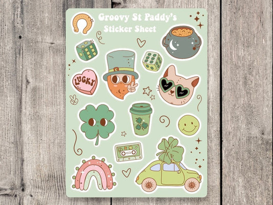 Retro St Patrick’s Day Sticker Sheet, journaling stickers, mini planner stickers, groovy, scrapbooking, bullet journals, feeling lucky
