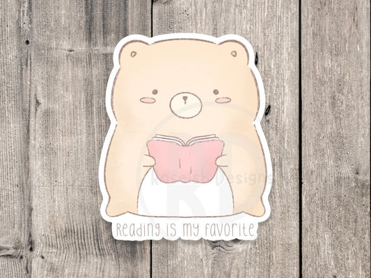 Reading is my favorite, kawaii bear sticker, book lover gift, water bottle sticker, laptop sticker, bookworm, cute animal sticker