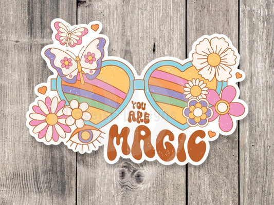 You are magic, retro water bottle sticker, positive quotes, motivational laptop stickers, retro flowers, cute groovy sunglasses