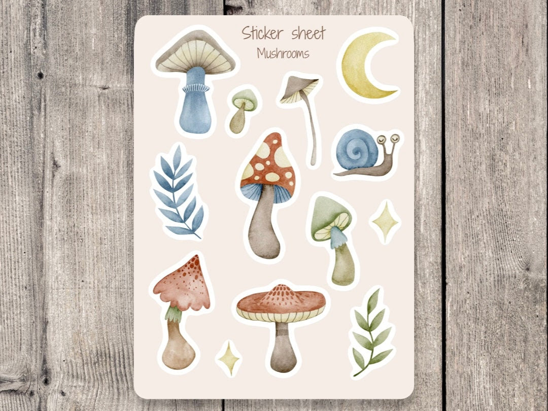 Mushrooms Sticker Sheet, journaling stickers, mini planner stickers, cottagecore, scrapbooking, bullet journals, goth gift, BuJo stickers