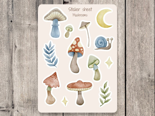 Mushrooms Sticker Sheet, journaling stickers, mini planner stickers, cottagecore, scrapbooking, bullet journals, goth gift, BuJo stickers