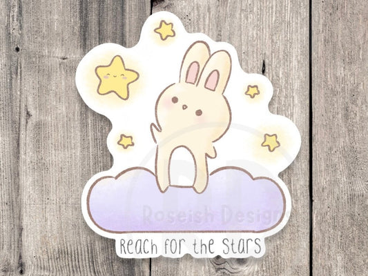 Kawaii bunny sticker, reach for the stars, positive quotes, gift for bunny lovers, water bottle sticker, laptop sticker, cute rabbit