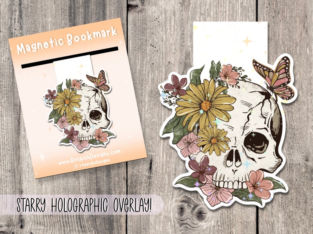 Floral Skull Magnetic Bookmark - Goth Book Lover Gift Cute Bookish Magnet