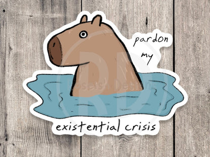 Funny capybara sticker, pardon my existential crisis, mental health stickers, dark humor, funny animal stickers, water bottle sticker