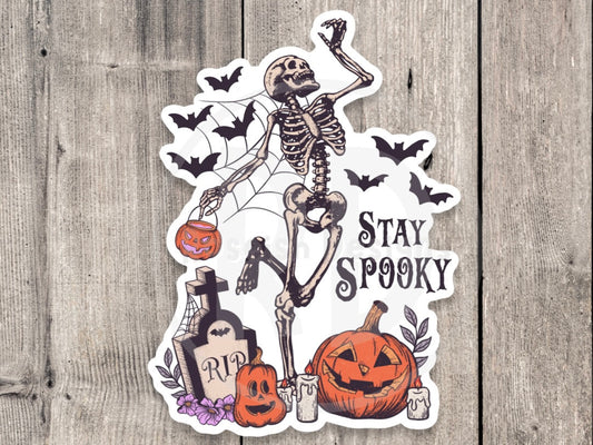 Stay spooky water bottle sticker, goth laptop sticker, Halloween lover gift, spooky season, skeleton, pumpkins