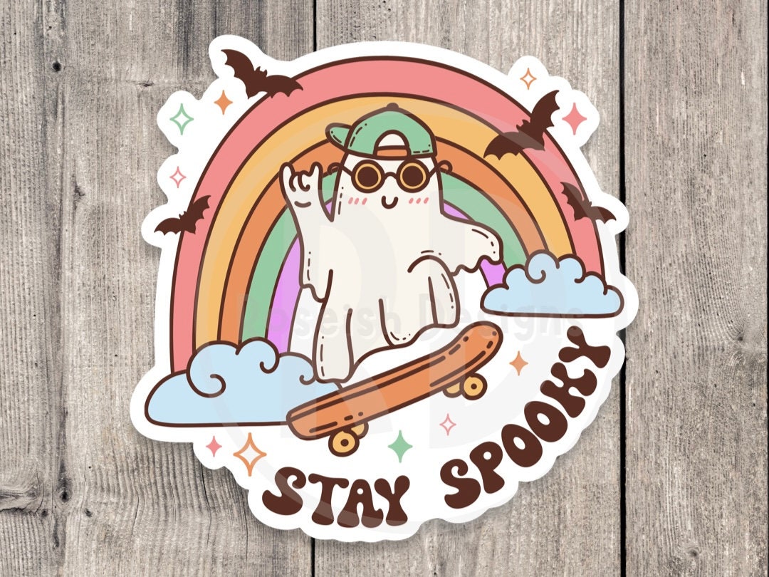 Stay spooky water bottle sticker, retro Halloween, goth laptop sticker, Halloween lover gift, spooky season, skeleton, pumpkins