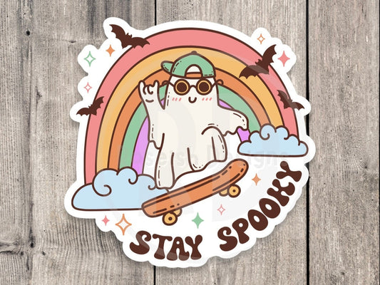 Stay spooky water bottle sticker, retro Halloween, goth laptop sticker, Halloween lover gift, spooky season, skeleton, pumpkins