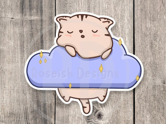 Cute cat sticker, cat lover gift, kawaii kitty, cat sleeping in clouds water bottle sticker, cat mom, laptop sticker