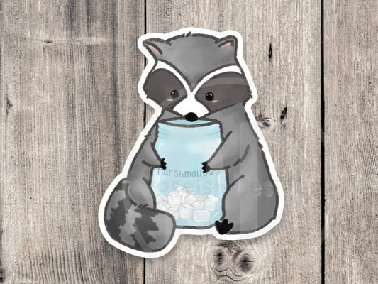 Funny raccoon sticker, raccoon with marshmallows, trash panda, funny animal stickers, water bottle stickers, laptop stickers