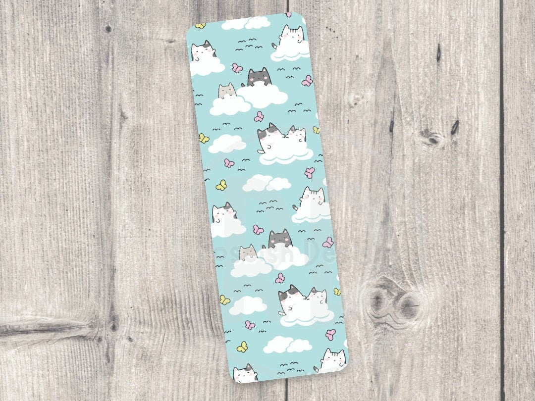 Cute Cat Double-Sided Bookmark Book Lover Gift Laminated Bookmark Bookworm Reading Gifts Kawaii Kitty in Clouds Cat Lover