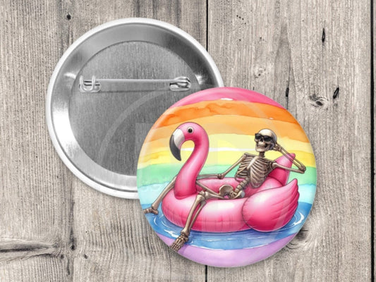 Funny skeleton pinback button, 1.5 inch, metal backing, summer lover, rainbow pin
