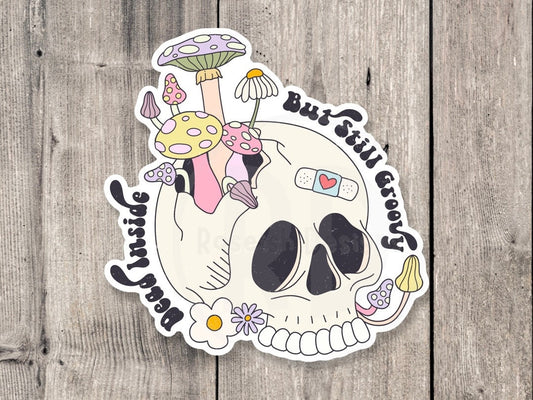 Mental health water bottle sticker, dead inside but still groovy, funny quote, neurodivergent, floral, courage, inspirational gifts, retro