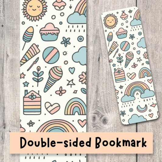 Cute doodle bookmark, rainbow and heart pattern, book lover gift, bookish stocking stuffer, neutral, bookworm, kids
