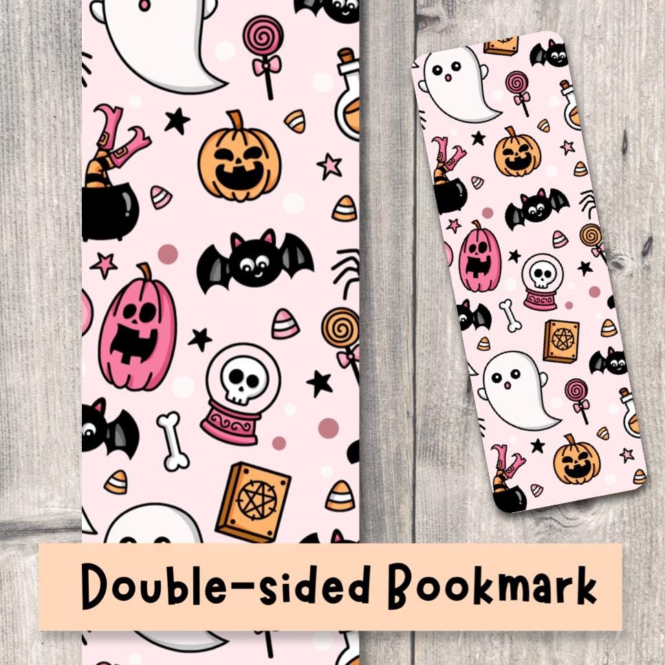Cute Halloween bookmark, spooky book lover gift, reading, bookish, spooky book accessories, fall bookmarks, bats and pumpkins, double sided
