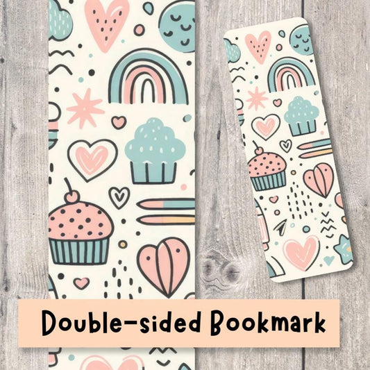 Cute doodle bookmark, pink cupcakes, rainbow and heart pattern, book lover gift, bookish stocking stuffer, neutral, bookworm, kids