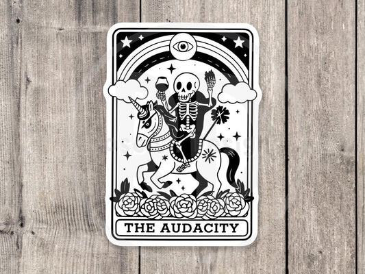 The audacity water bottle sticker, funny witchy tarot card sticker, black and white, spooky, sassy quotes, skeleton and unicorn, goth