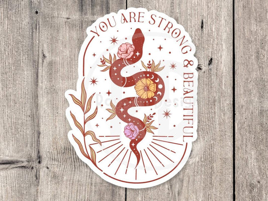 Mystical water bottle sticker, positive quotes, you are strong, witchy gifts, celestial stickers, floral skull, magical snake laptop sticker