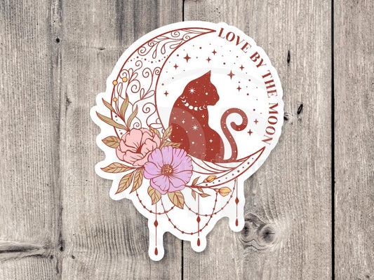 Mystical water bottle sticker, positive quotes, witchy gifts, celestial stickers, floral cat, magical laptop sticker, love by the moon