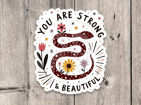 Mystical water bottle sticker, positive quotes, you are strong, witchy gifts, celestial stickers, floral skull, magical snake laptop sticker