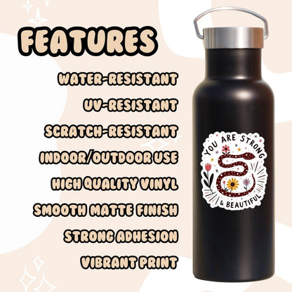 a black water bottle with a sticker on it