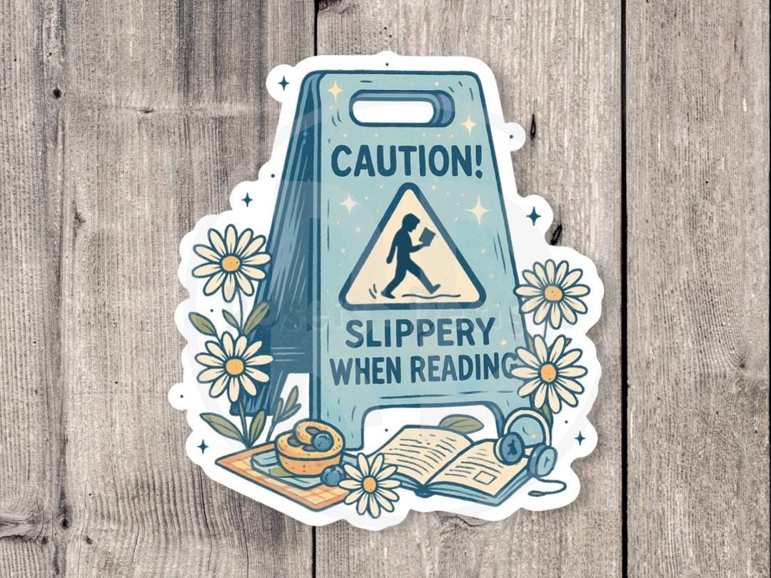 Caution Slippery When Reading Sticker, Funny book lover gift, cute reading sticker for readers, Bookish humor, floral water-bottle sticker
