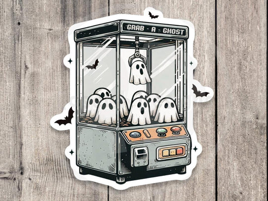 Grab a Ghost Claw Machine Sticker, Cute Halloween Ghost Sticker, Spooky Arcade, Kawaii Vinyl Ghost Sticker for Water Bottles & Laptops