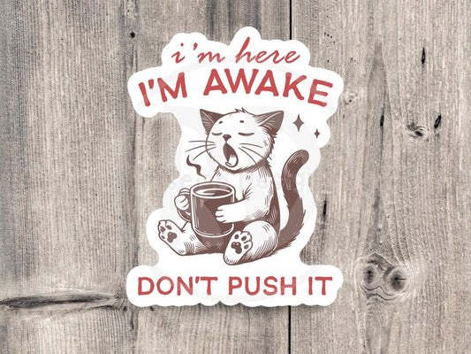 I’m here, I’m awake, Don’t push it quote, funny cat water bottle sticker, laptop sticker, sarcastic quote, sassy work sticker, mental health
